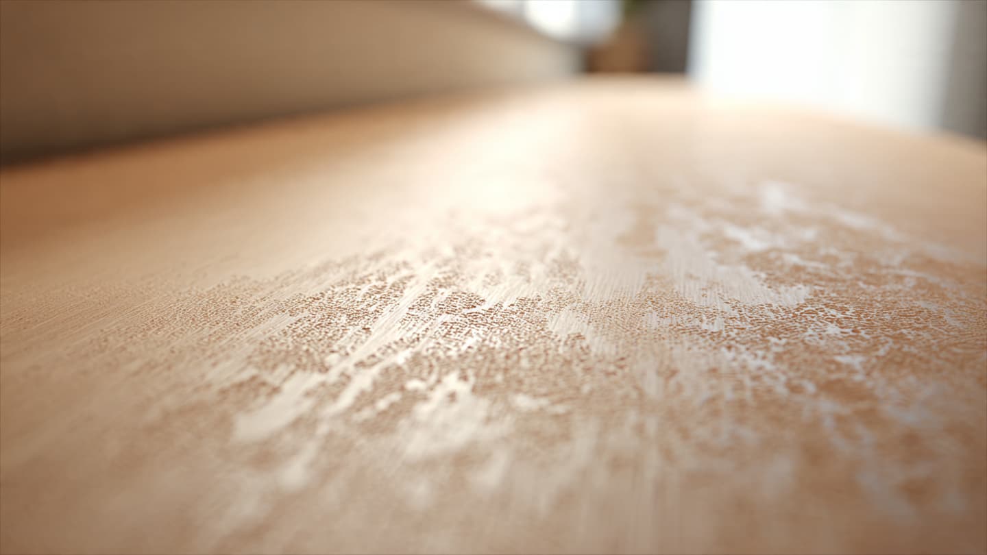 Close-up of walnut texture and matte black desk accessories