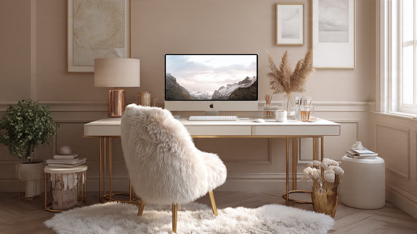 Decorated warm wood and black desk setup with plant and notebook