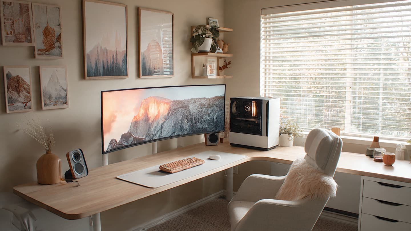 Minimal warm wood and black desk setup with clean surface