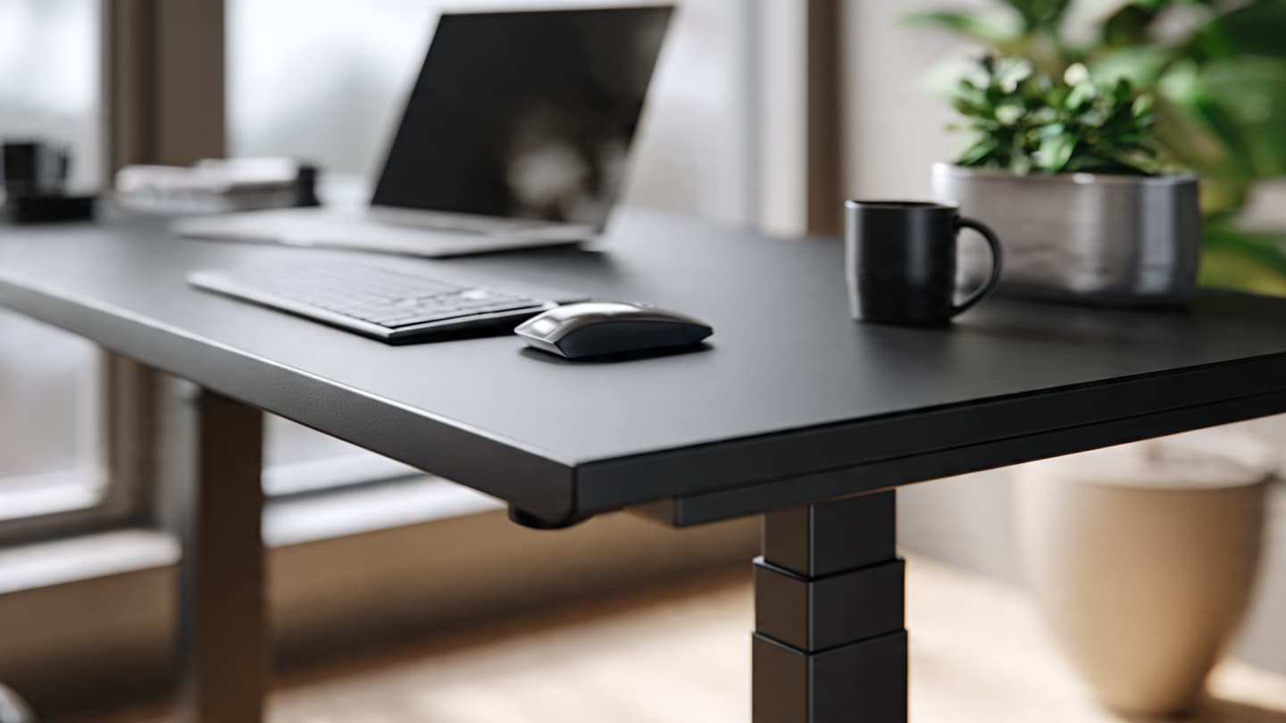 Close-up of matte black desk accessories