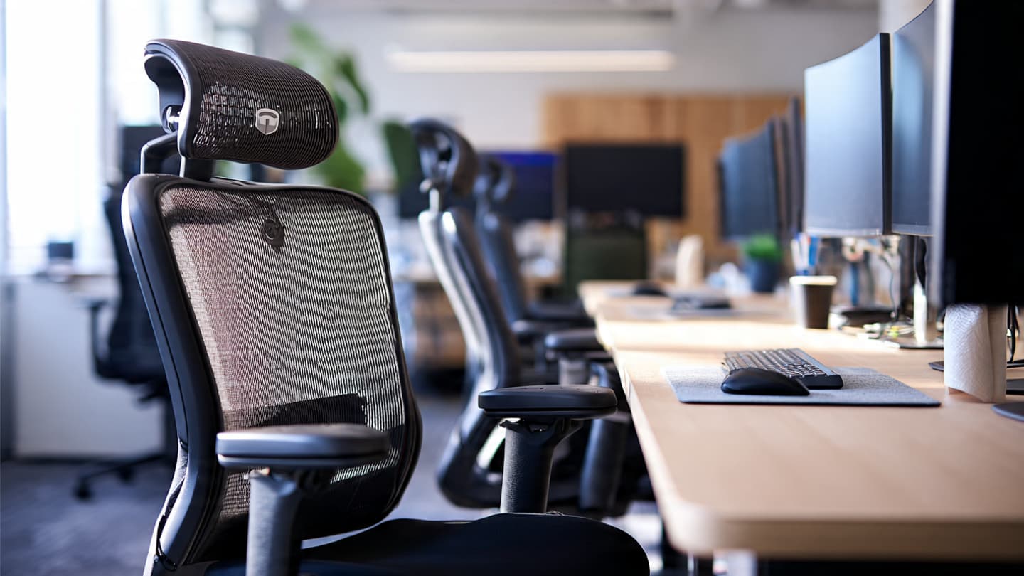 Adjustable armrests aligned with desk
