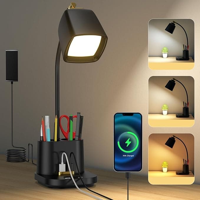 Desk Lamp with integrated charging, usb port and pen/pencil holder.