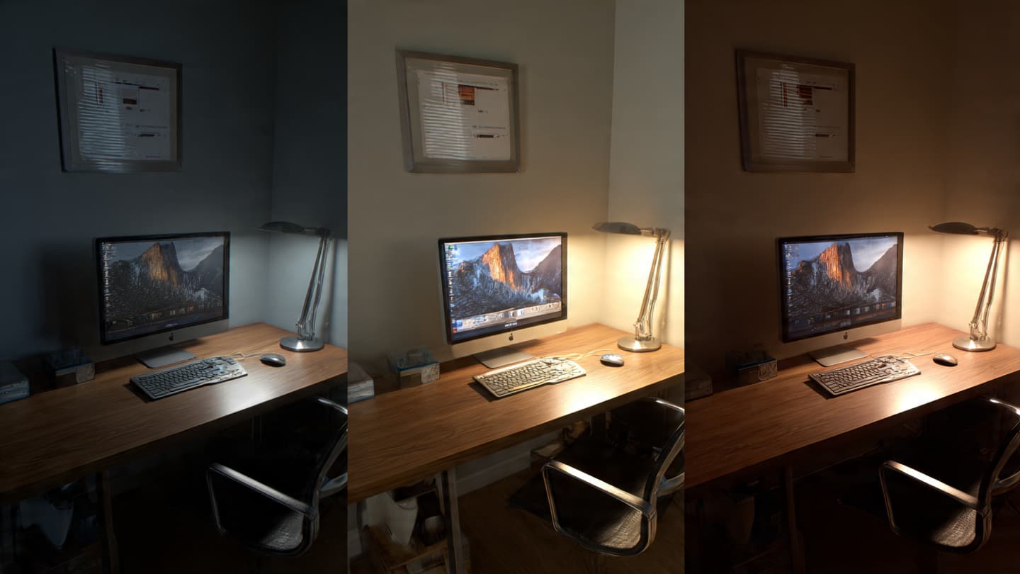 Desk lamp brightness comparison showing low, medium, and high lumen levels