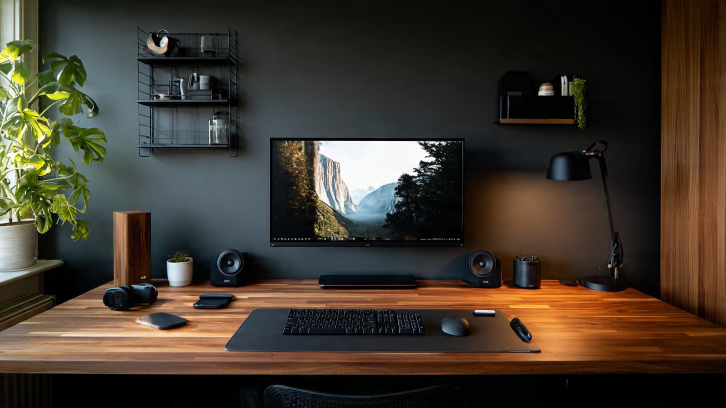 Minimal warm wood and black desk setup with clean surface
