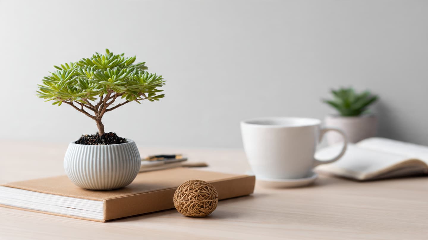 Small desk plant and decorative item on a clean desk