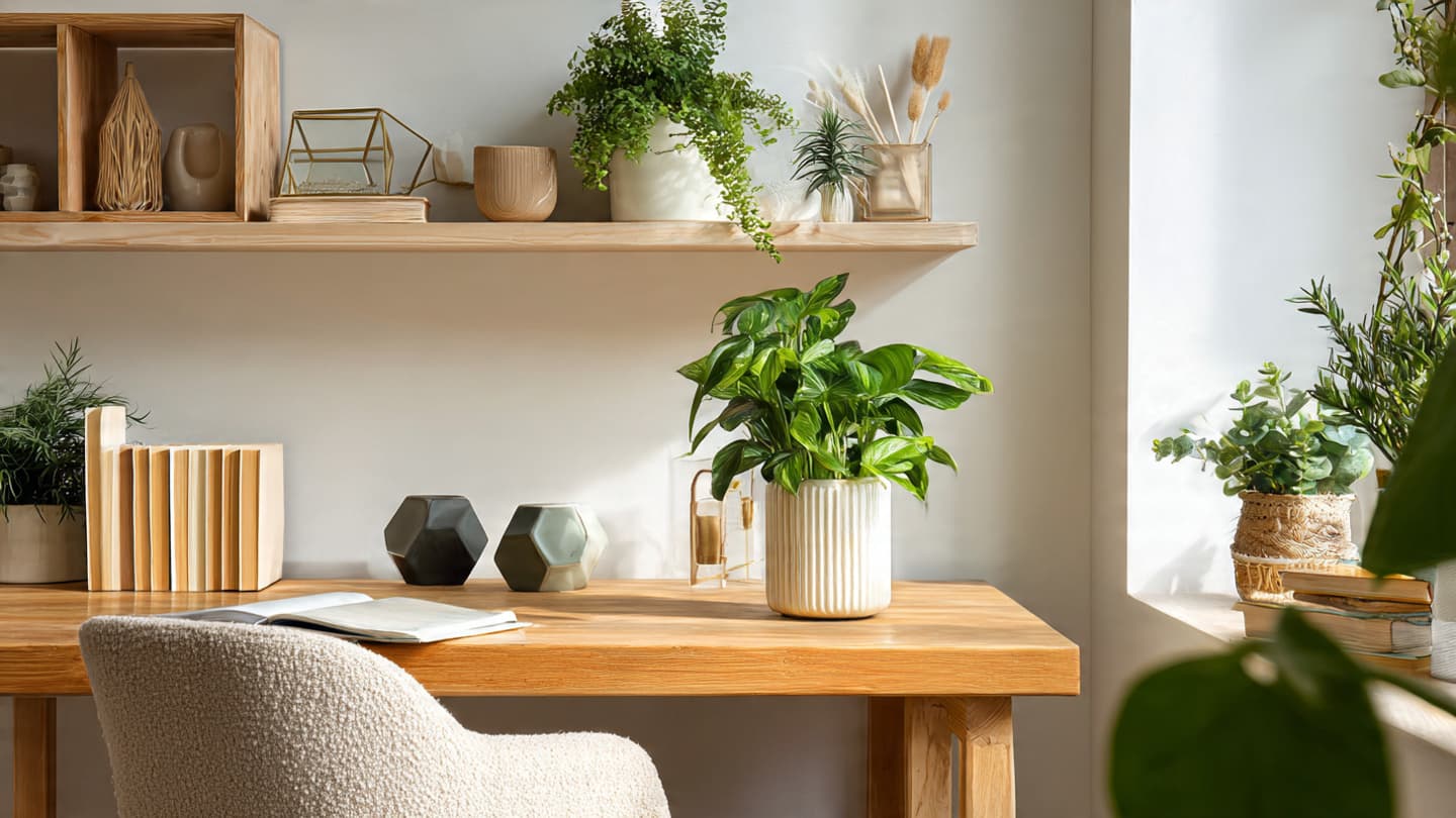 Desk showing plant and decor on corners or shelves