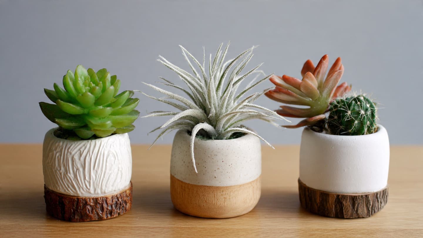 Small desk plants in pots (succulent, cactus, or air plant)