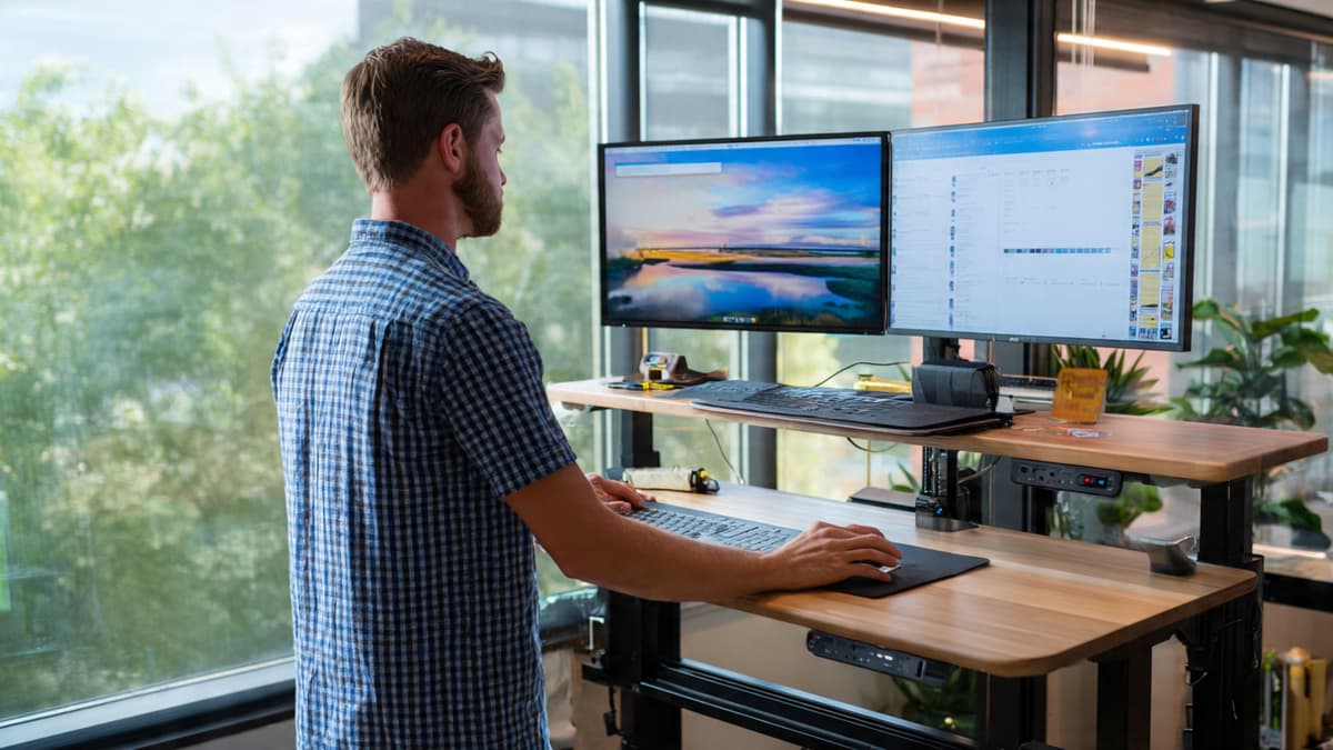 Proper standing desk ergonomics with monitor at eye level