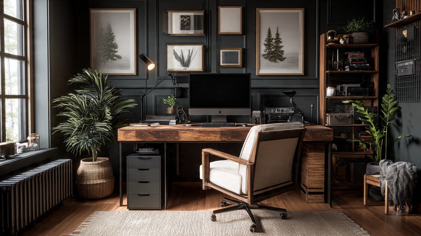 Warm Wood & Black Desk Setup 1