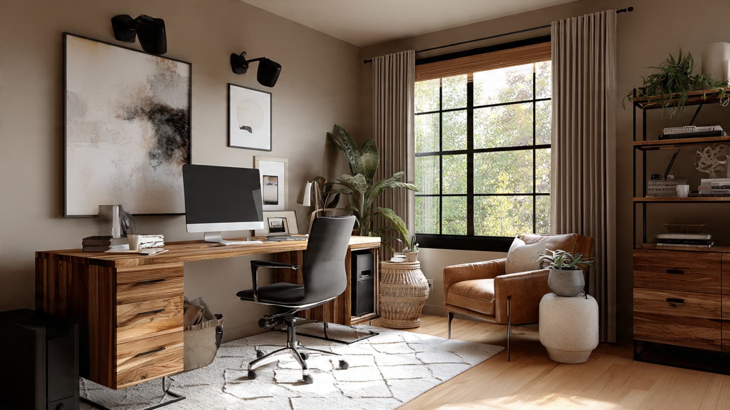 Warm Wood & Black Desk Setup 3