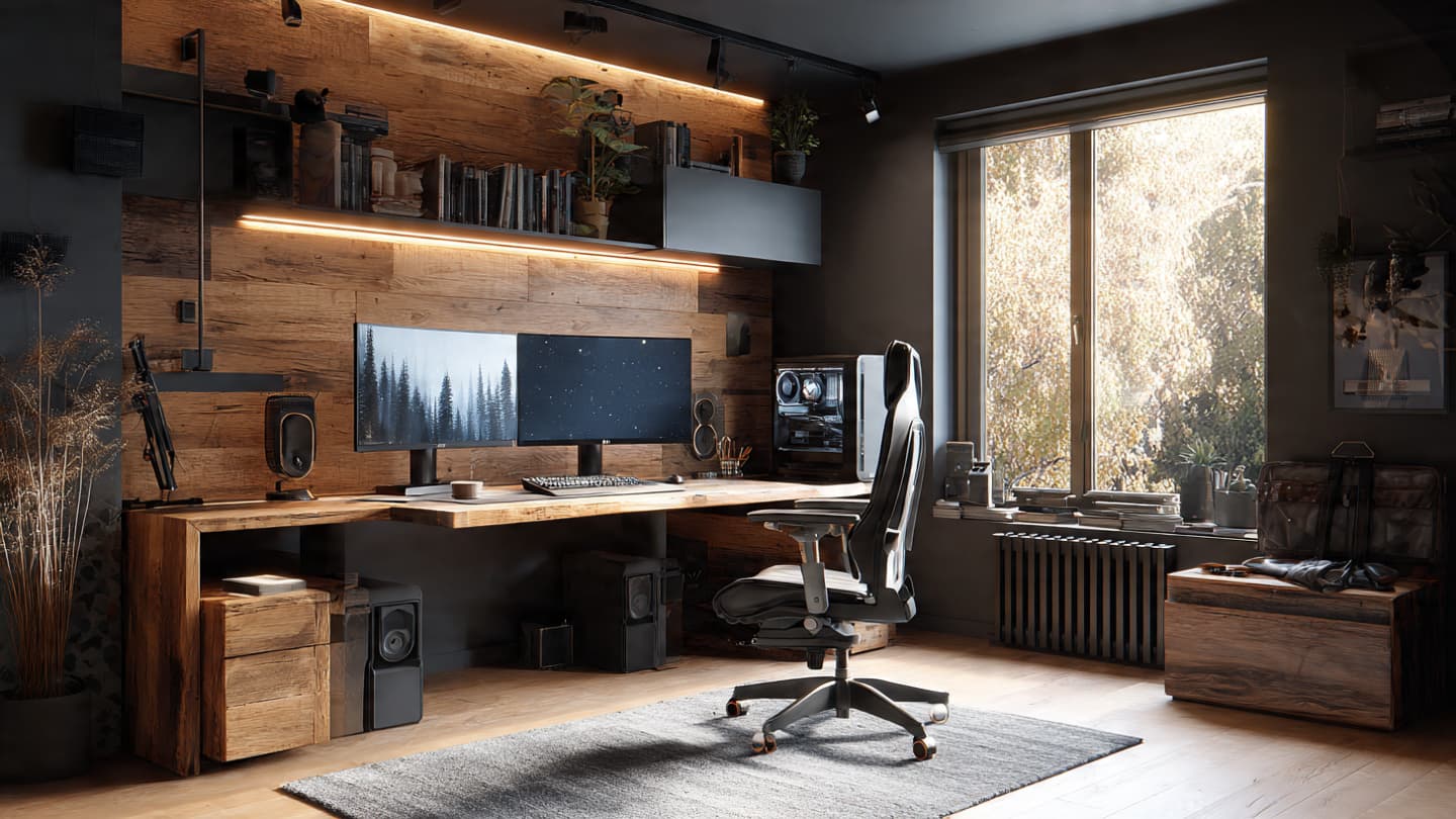 Warm Wood & Black Desk Setup 4