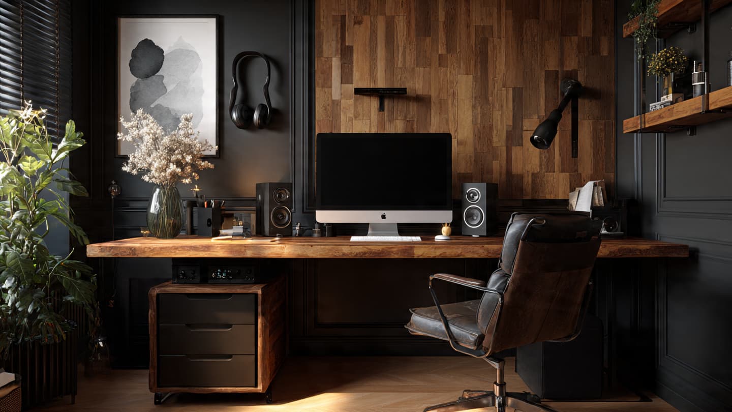 Warm Wood & Black Desk Setup 5