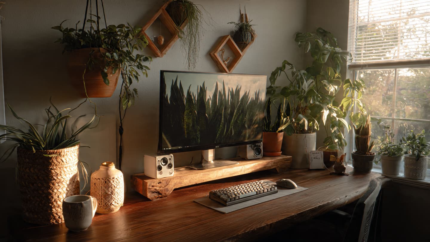 Minimal green desk setup with plant and lamp