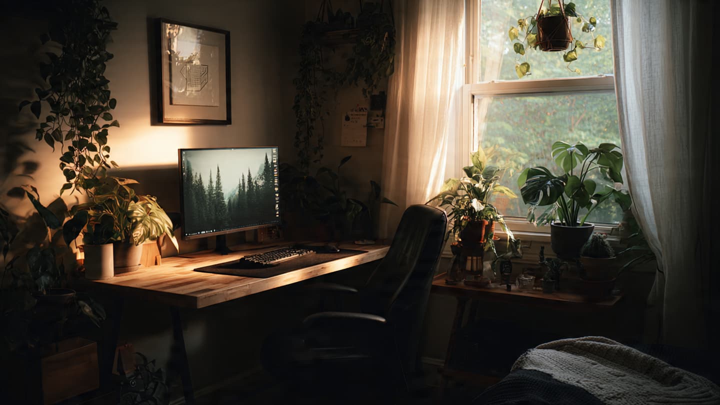 Wide view of green nature-inspired desk setup