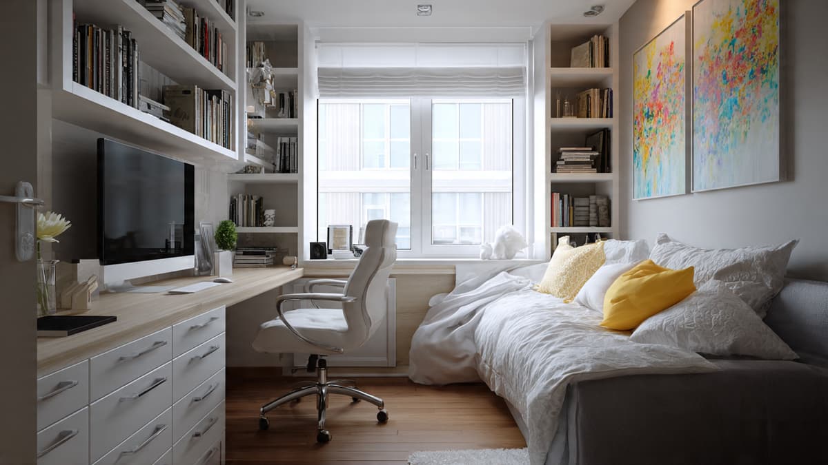 Oversized desk dominating bedroom