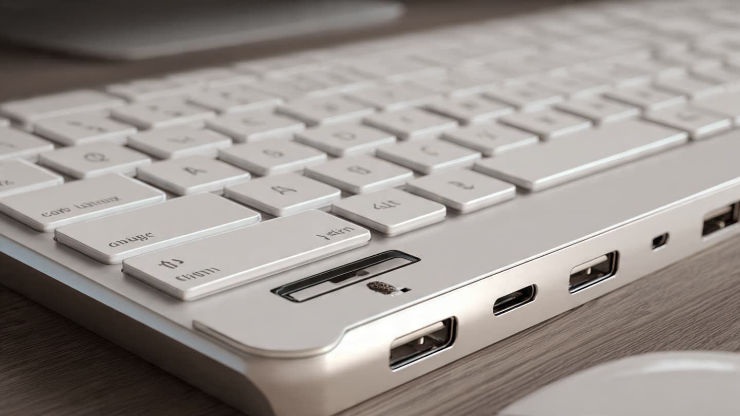 Close-up of modern tech desk accessories and aluminum finishes