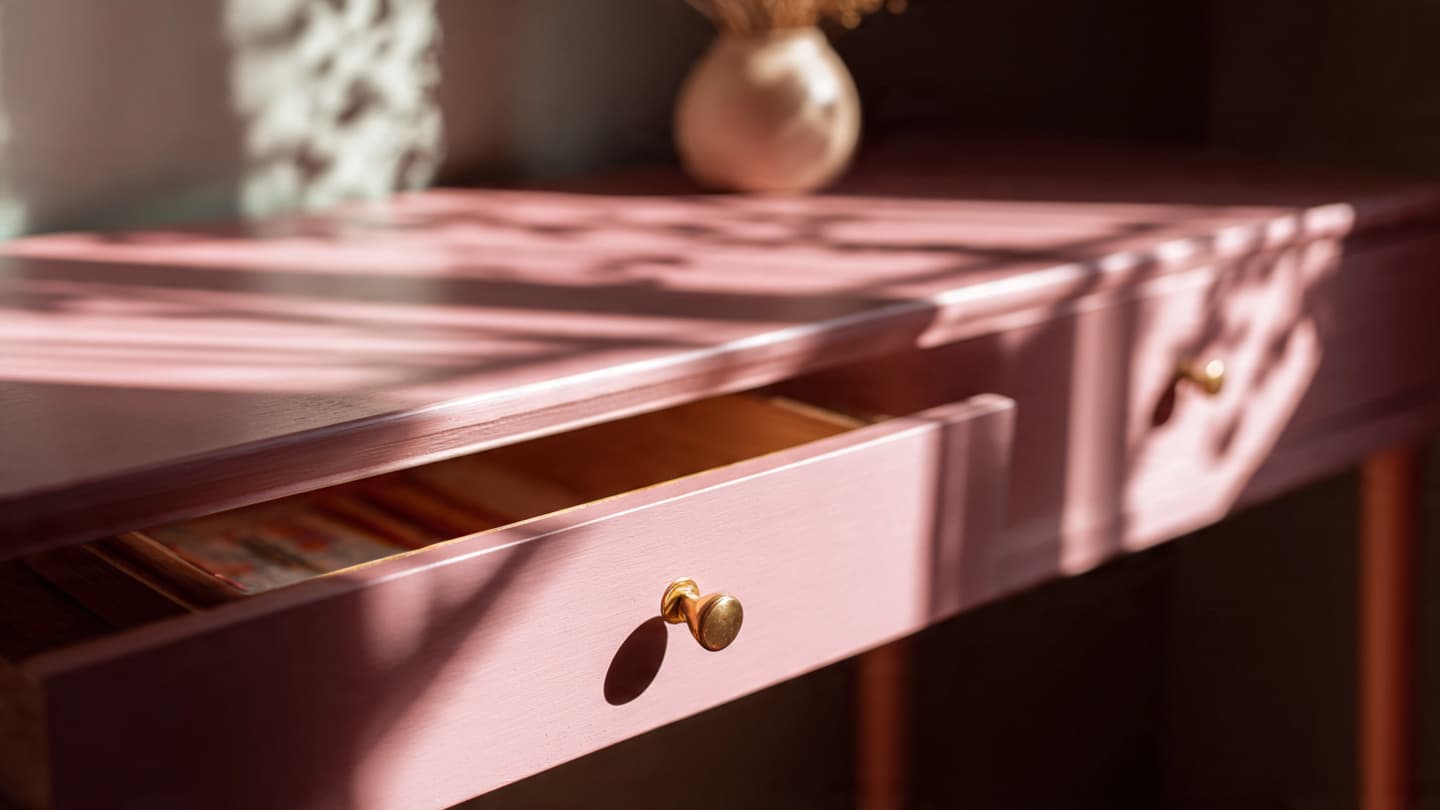 Close-up of pastel pink desk surface with minimal accessories