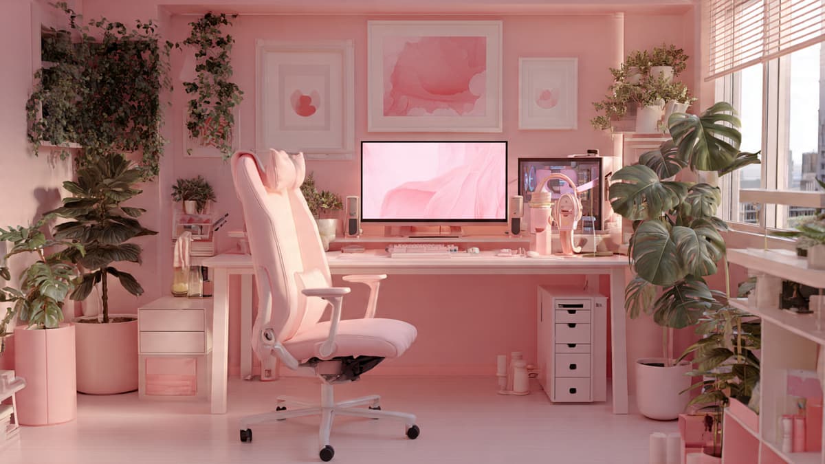 Pastel pink and white desk setup for creators with camera and minimal décor