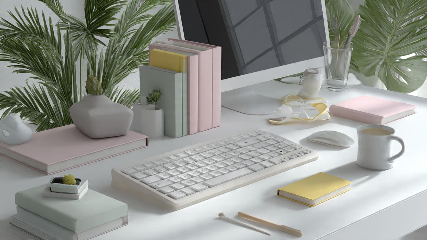 Minimal pastel pink and white desk setup with essential items