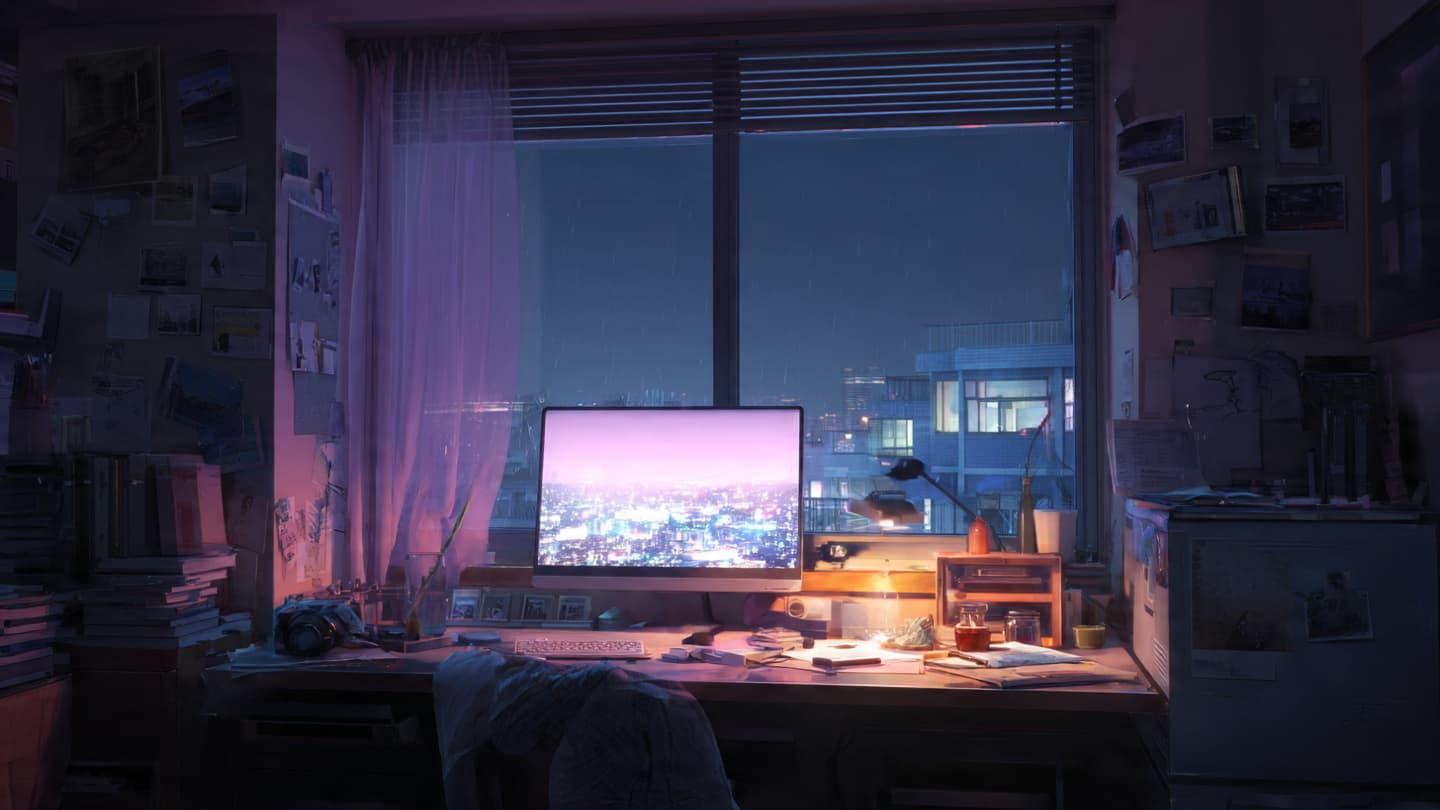 Soft pink and white desk setup at night with gentle ambient lighting