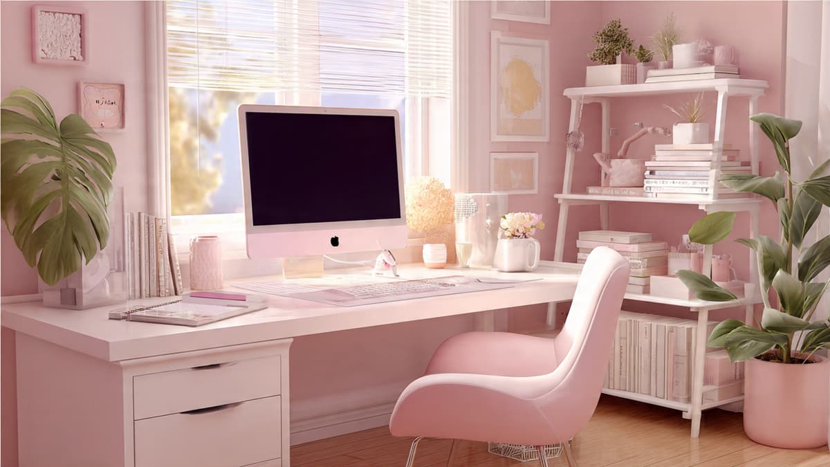 Soft pink and white desk setup for students with notebook and natural light