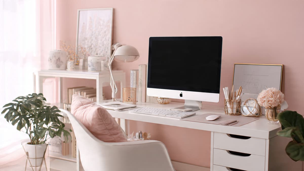 Soft pink and white desk setup for work from home professionals with monitor
