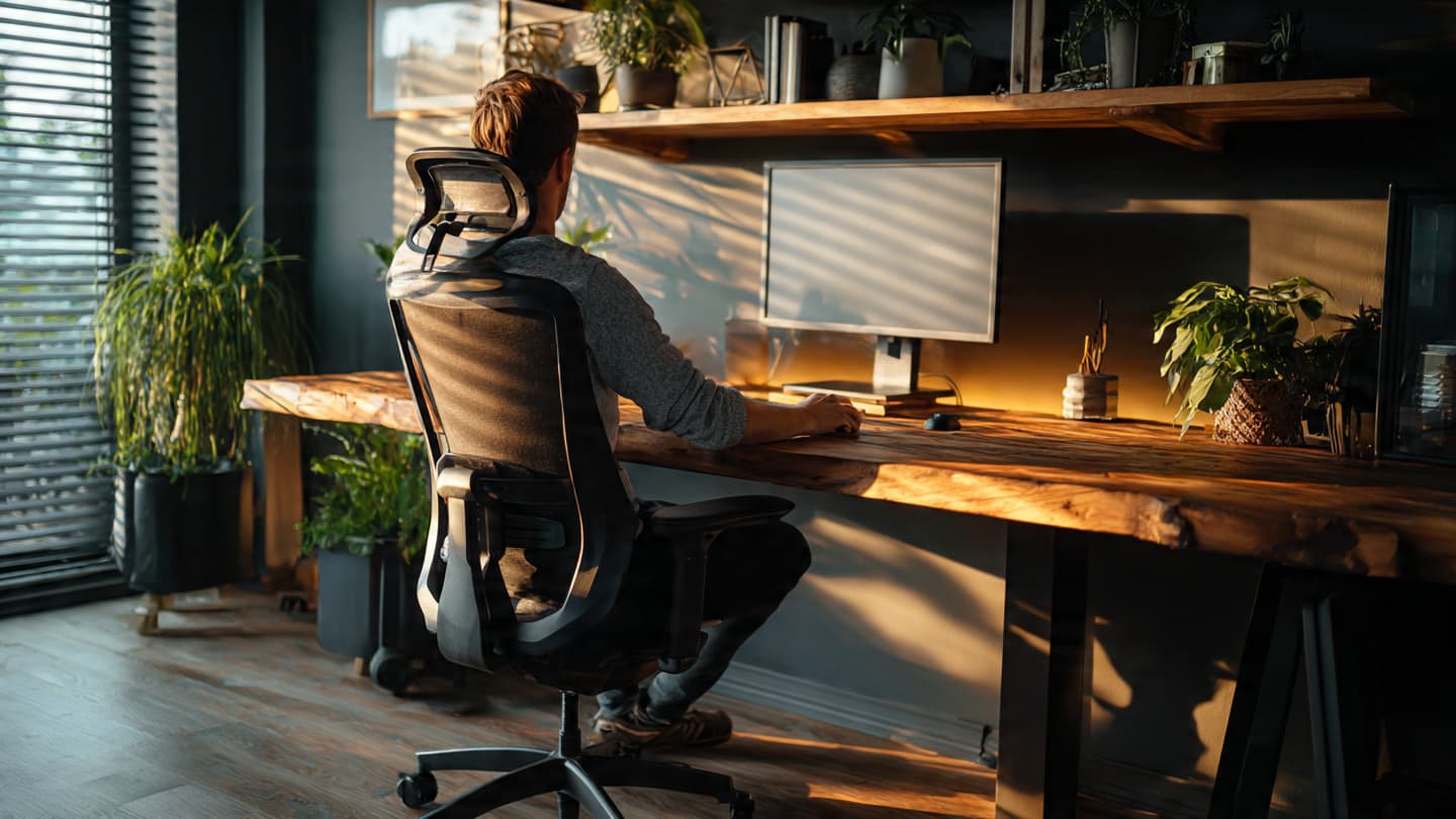 Person sitting at an ergonomic desk with lumbar support