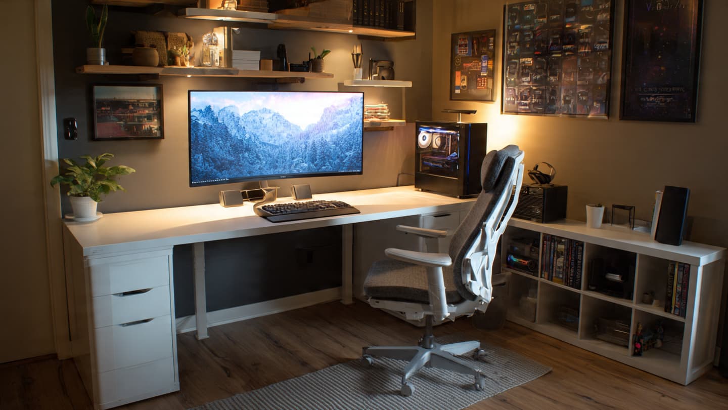 Sitting desk with under-desk drawers and integrated shelves