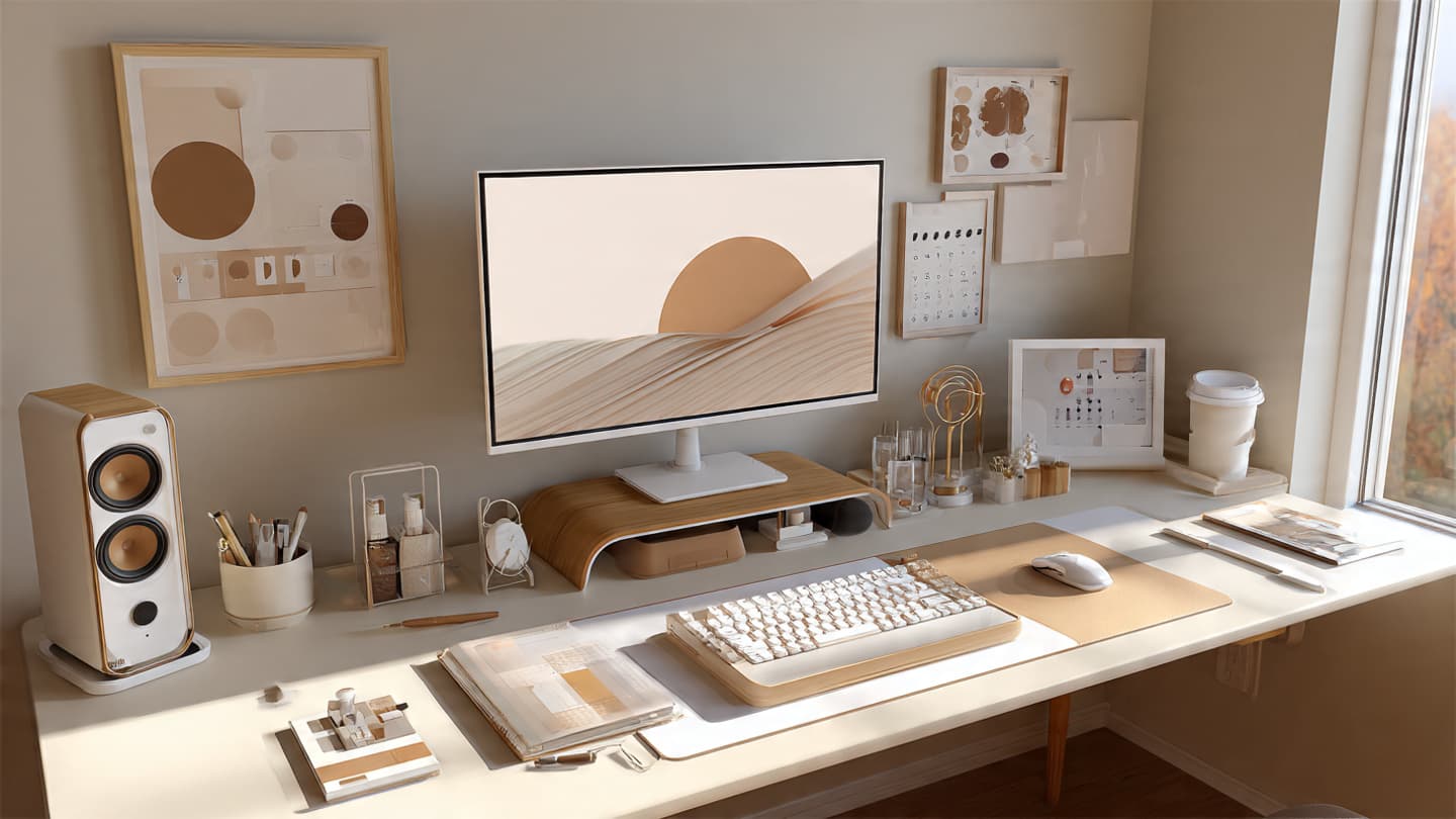 Desk setup with cohesive beige and white color palette