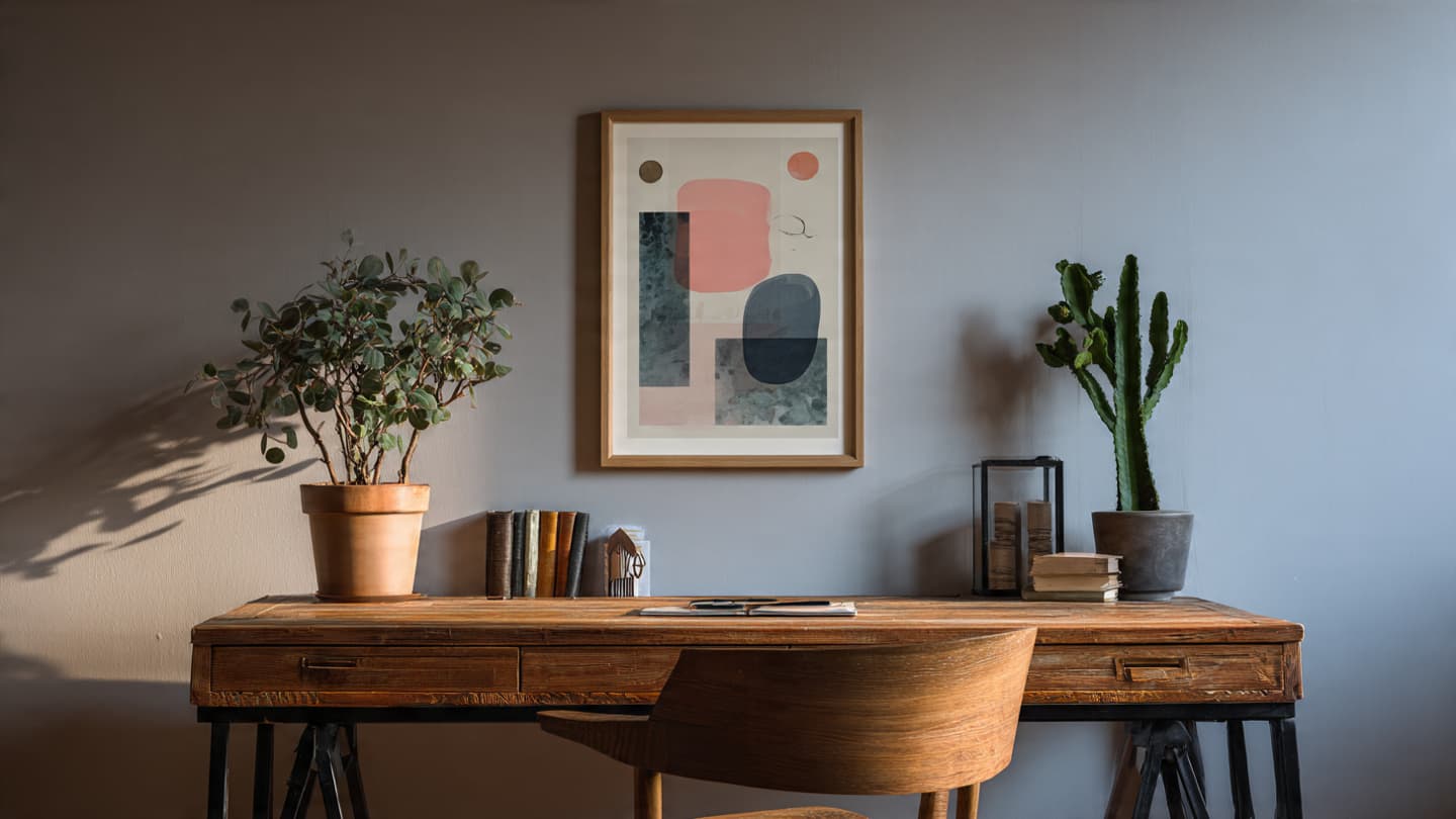 Minimal desk with framed art and small plant
