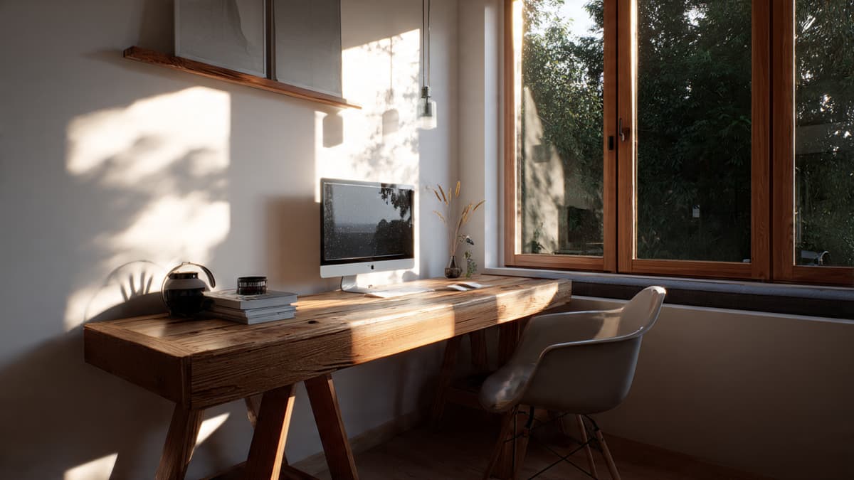 Desk positioned perpendicular to window for balanced light